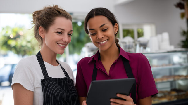 Happy female coworkers in aprons using digital tablet at work, sharing ideas and smiling, coffee shop or bakery environment, teamwork and creativity, bright daylight, casual modern - Powered by Adobe