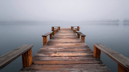 Fototapeta premium Wooden pier extending over misty lake