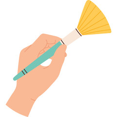 Hand Holding Makeup Brush With Yellow Bristles And Teal Handle In A Simple Illustration Style Against A Transparent Background