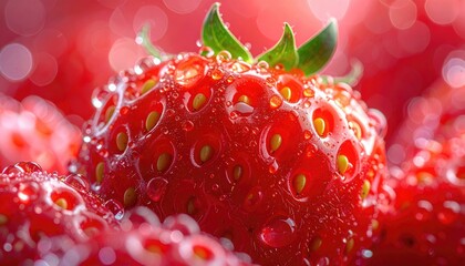Close up of vibrant red strawberries covered in glistening water droplets with soft bokeh background in bright sunlight