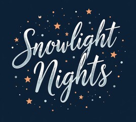 Delicate handwritten phrase &ldquo;Snowlight Nights&rdquo; in icy silver cursive