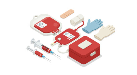Isometric medical supplies set: blood bag, syringes, gloves, first aid kit on…