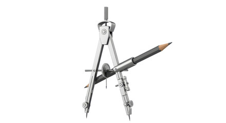 Silver drafting compass with pencil, essential tool for architectural and mathematical drawings isolated PNG with Transparent Background