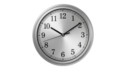 Silver wall clock showing ten after one isolated on white background time management concept