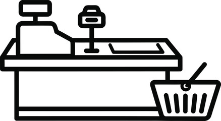 Retail Checkout Process Icon Point of Sale Cash Register and Groceries Basket Outline
