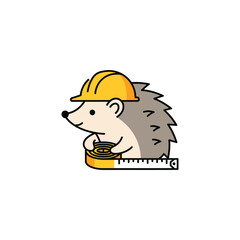 Hedgehog wearing a yellow construction helmet holding a measuring tape.