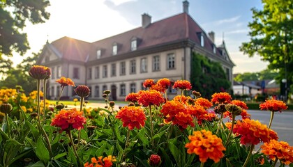 Architectural shot of a stately building with a red tiled roof, illuminated by the warm glow of the sun. Orange flowers in foreground