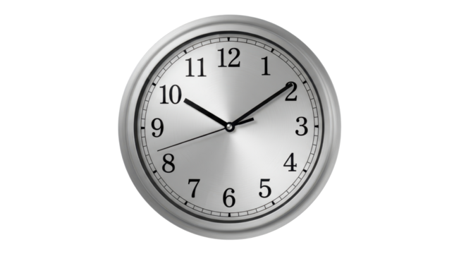 Silver wall clock showing ten after one isolated on white background time management concept