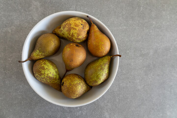 Multiple mottled green and brown pears in white bowl on gray kitchen countertop top view