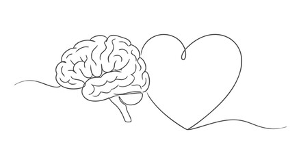 Conceptual artwork illustrating the powerful link between thought and feeling, with a brain and heart artfully rendered in one continuous line for balance