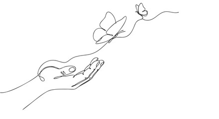 A delicate one continuous line drawing capturing the ephemeral beauty of a butterfly taking flight from an open hand