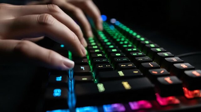 Close up of hands typing on a colorful illuminated gaming keyboard.
