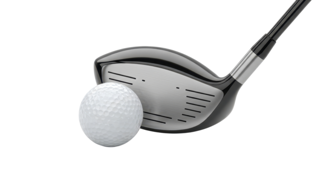 Golf ball next to a modern driver club head ready for tee shot practice and leisure sport. isolated PNG with Transparent Background