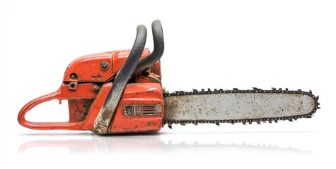 Rusty orange chainsaw against white background