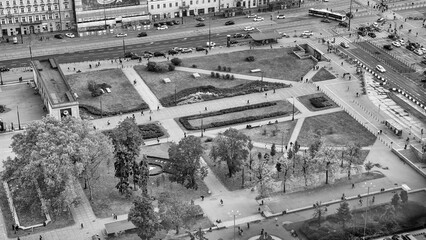 Scenic top-down panorama of Warsaw during the day with vibrant cityscape and architecture