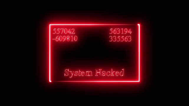 Glowing neon system hacked attempting to break into a digital animation system. a warning message appearing as the system hacked the breach.