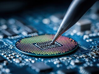 A precision tool calibrating a colorful microprocessor on a blue circuit board, symbolizing nanotechnology, innovation, and the meticulous art of digital engineering