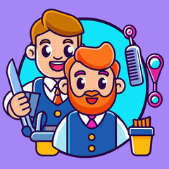 Cartoon Barber Cutting a Mans Hair With Scissors