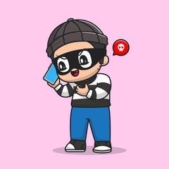 Cute Thief Calling by Phone Cartoon