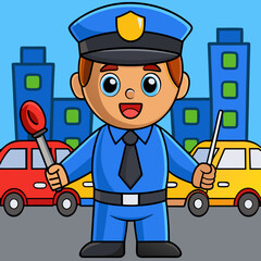 Cartoon police officer directing traffic with batons and happy expression