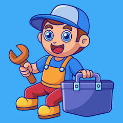 Cartoon Plumber with Wrench and Toolbox Against Blue Background