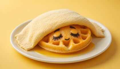 humorous concept of a golden waffle with cartoon eyes sleeping under a syrup blanket on a white plate