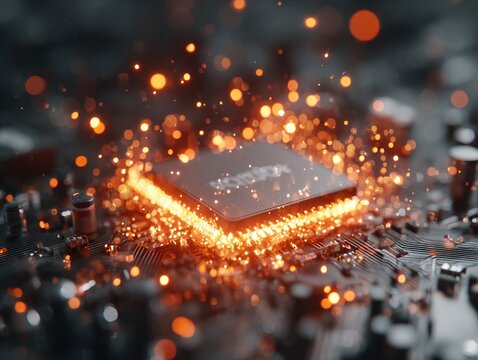 A glowing orange microprocessor surrounded by dynamic sparks on a circuit board, symbolizing artificial intelligence, energy, and the core of digital innovation