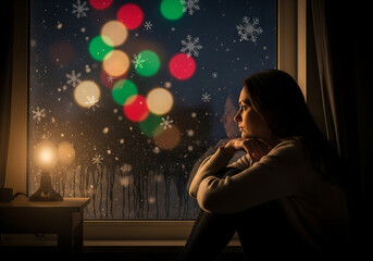 A young woman sits quietly by a frosted window, watching the snow fall. Warm light fills the room, contrasting her solitude with the glow of festive reflections.