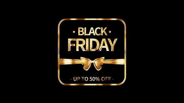 Animation word of Black Friday Up to Fifty Percent golden shine light motion text with light effect animation on black abstract background. promote advertising concept isolate using QuickTime Alpha Ch