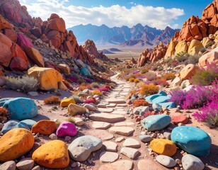 Walking path trough the mountains made from colorful rocks
