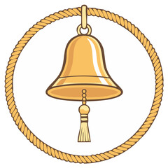 Classic golden ship's bell with a tassel hanging inside a circular rope frame illustration