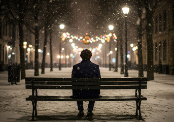 Man alone in snowy park illuminated by Christmas lights
