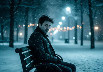 Man sitting alone in snowy park under festive lights