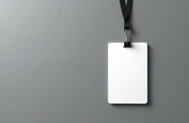 Vertical name tag on grey. Blank badge mockup with lanyard. Empty corporate pass template. Conference identity card. Access control item for event authorization. Add text for advertising.