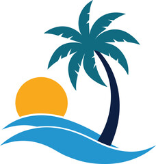 palm tree sun wave tropical beach vector art illustration