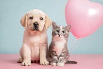 Naklejka premium Cute Puppy and Kitten With Heart Balloon in Playful Moment Indoors