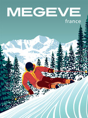 Travel Poster for the ski resort of Megeve, France, with a skier in the first plan and trees and mountain range in the background. Handmade drawing vector illustration retro vintage style.