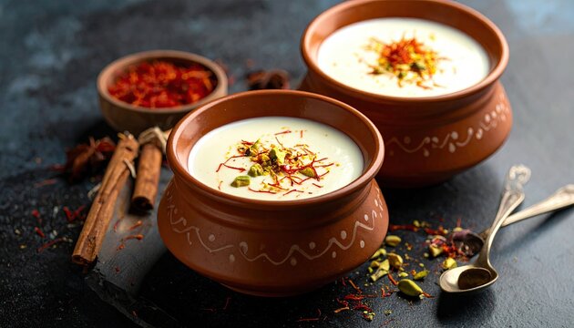 Close Up Studio Shot Of Two Indian Desserts In Clay Pots Garnished With Saffron And Pistachios