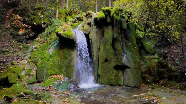 Wide forest waterfall surrounded by moss and autumn leaves, camera gently circles right revealing the entire stream