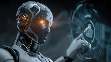 Fototapeta premium Robot interacting with digital security interface