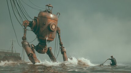 Rusty robot collapses into water
