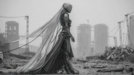 Mechanical bride in ruined industrial landscape