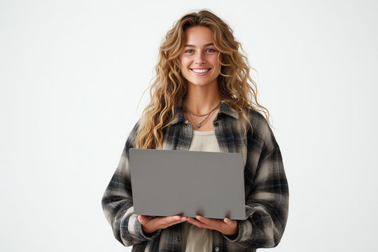a happy young woman holding a laptop computer, isolated on a white background