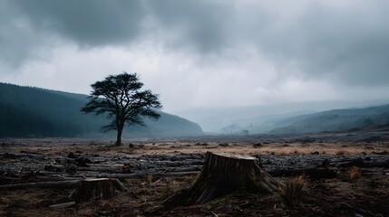 A solitary tree stands amidst a desolate landscape of logged stumps under a dramatic overcast sky