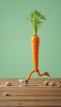 Naklejki funny food art of carrot with tiny sneakers running on a wooden surface like a track, minimalist pastel green background