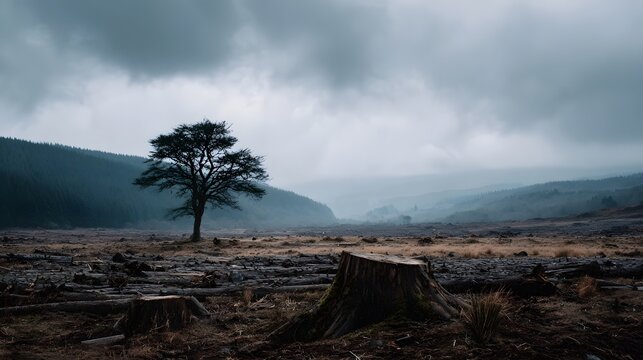 A solitary tree stands amidst a desolate landscape of logged stumps under a dramatic overcast sky
