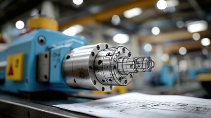 Composant mécanique industriel avec schéma technique dans atelier