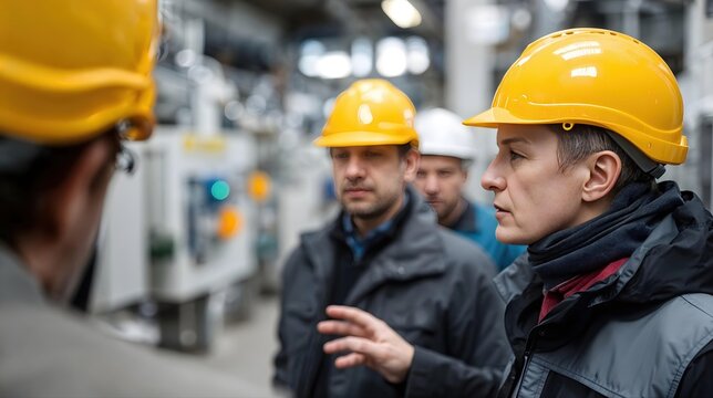 &Aacute;&permil;quipe d'ouvriers en casques jaunes discutant sur un chantier industriel