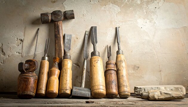 Arrangement of carpentry tools, including chisels and a mallet, on a rustic wooden surface against a textured wall