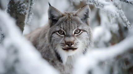 Fototapeta premium A close up portrait of a wild lynx with piercing eyes looking through snow covered branches in a cold winter forest